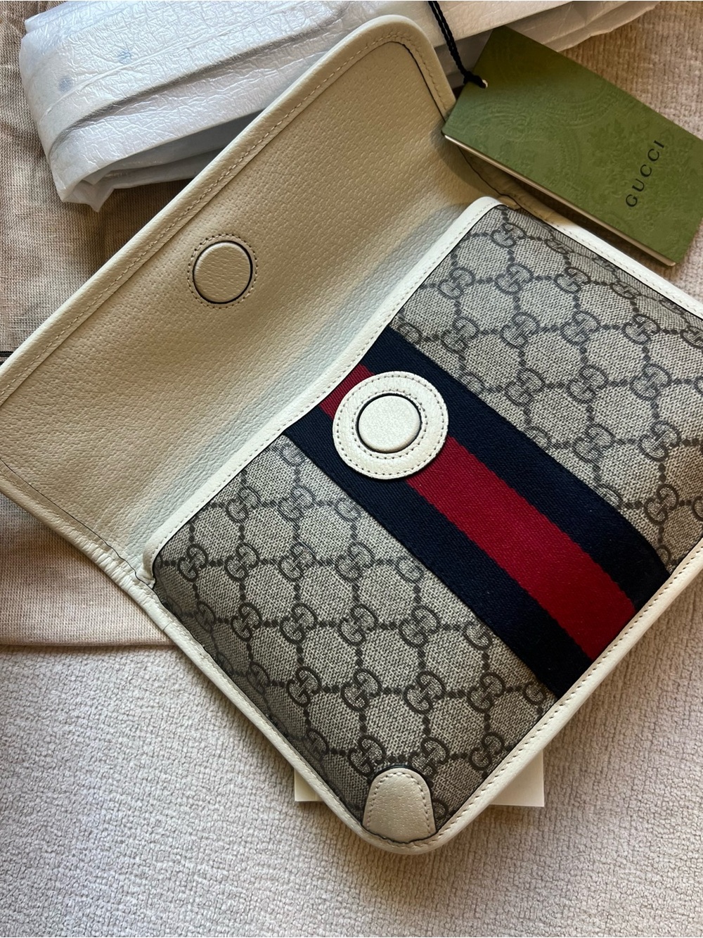 New GG Supreme Monogram Web Small Ophidia Belt Bag 95 38 Beige Ebony White - Picture 5 of 12